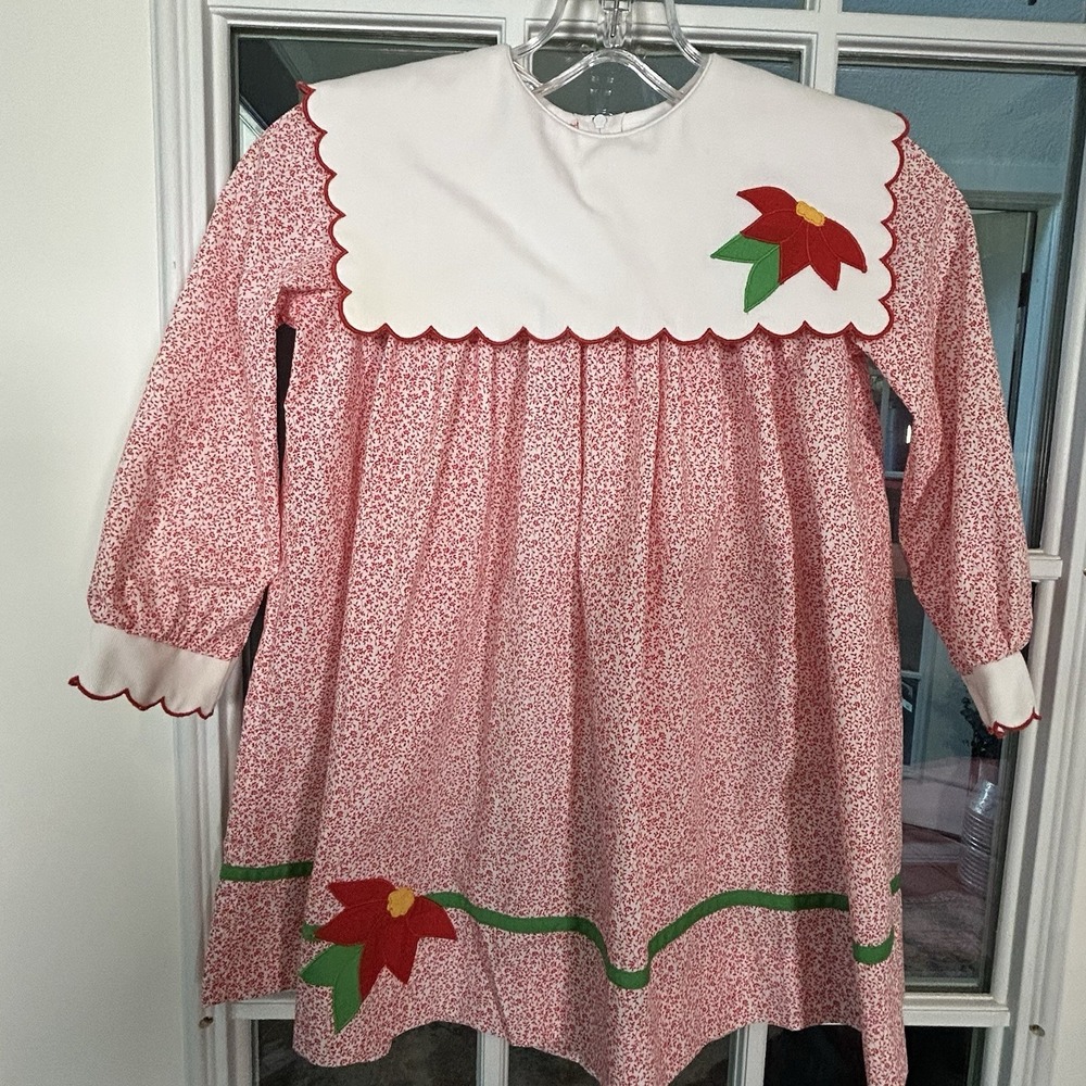 Vintage 70s Youngland Girls Christmas Poinsettia Dress Scallop Collar Size 6